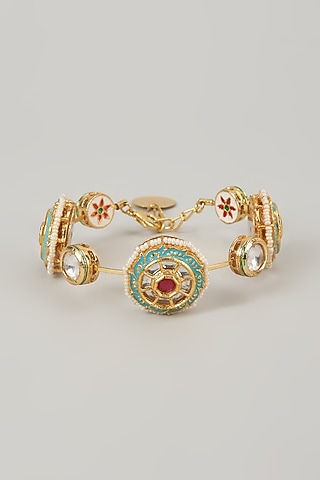 Gold Finish Kundan Polki Meenakari Hand Painted Bangle by Nyela