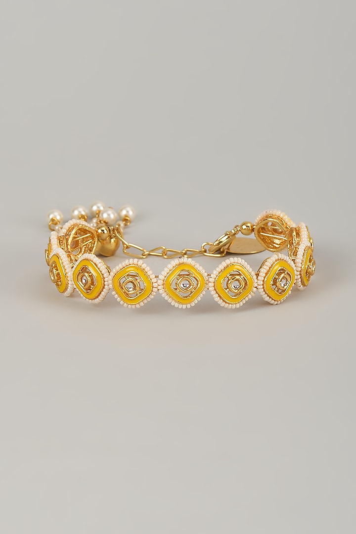 Gold Finish Kundan Polki Meenakari Hand Painted Bracelet by Nyela at Pernia's Pop Up Shop