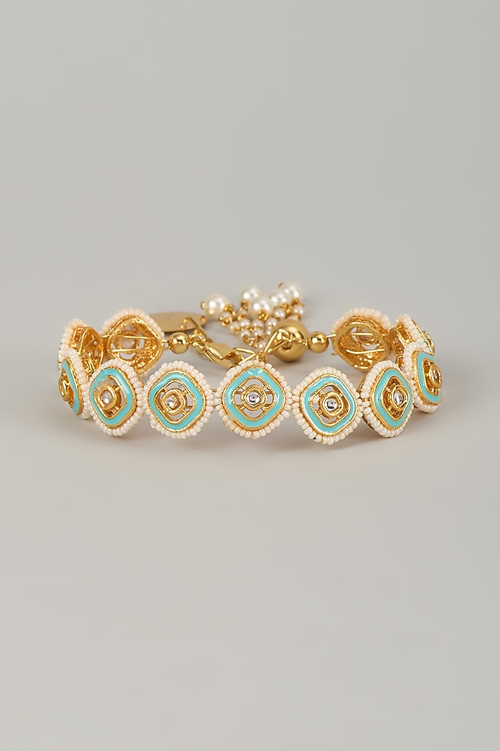Gold Finish Kundan Polki Meenakari Hand Painted Bracelet by Nyela at Pernia's Pop Up Shop