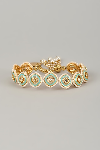 Gold Finish Kundan Polki Meenakari Hand Painted Bracelet by Nyela