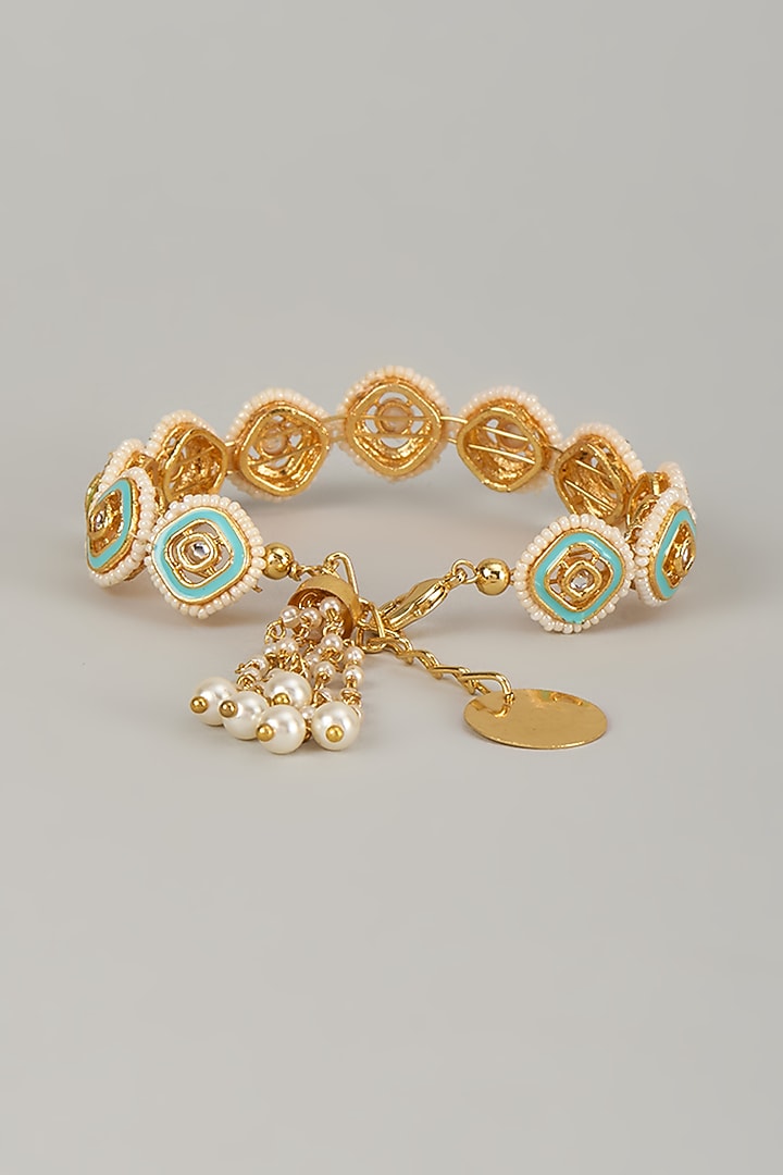 Gold Finish Kundan Polki Meenakari Hand Painted Bracelet by Nyela at Pernia's Pop Up Shop