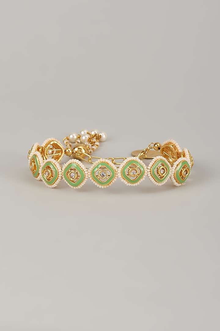 Gold Finish Kundan Polki Meenakari Hand Painted Bracelet by Nyela at Pernia's Pop Up Shop
