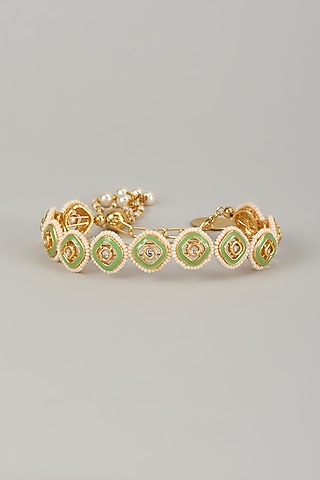 Gold Finish Kundan Polki Meenakari Hand Painted Bracelet by Nyela