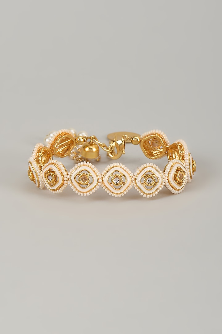 Gold Finish Kundan Polki Meenakari Hand Painted Bracelet by Nyela at Pernia's Pop Up Shop