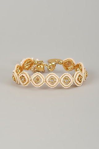 Gold Finish Kundan Polki Meenakari Hand Painted Bracelet by Nyela
