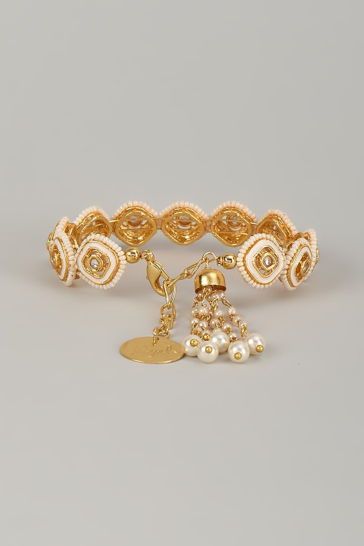 Gold Finish Kundan Polki Meenakari Hand Painted Bracelet by Nyela at Pernia's Pop Up Shop