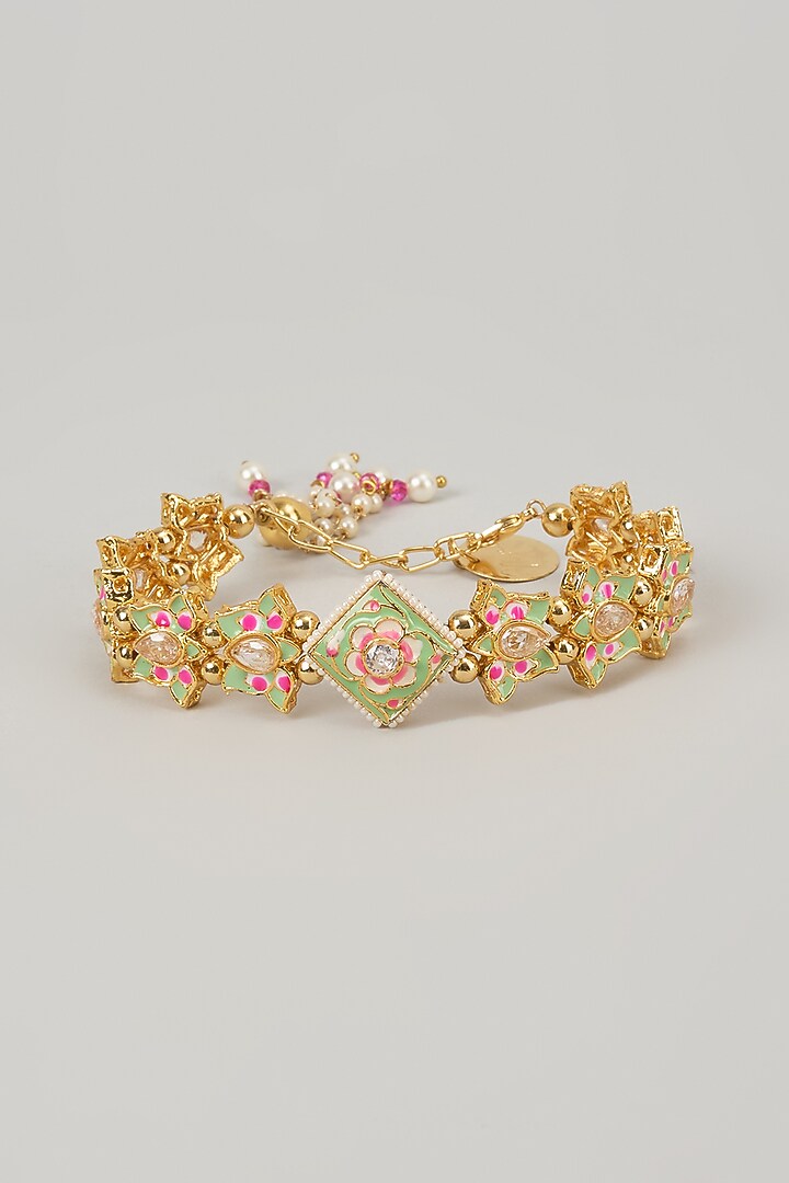 Gold Finish Kundan Polki Meenakari Hand Painted Bracelet by Nyela at Pernia's Pop Up Shop