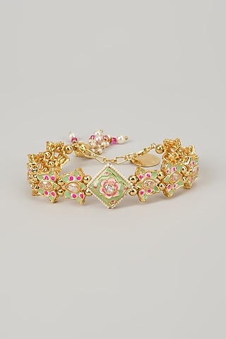 Gold Finish Kundan Polki Meenakari Hand Painted Bracelet by Nyela