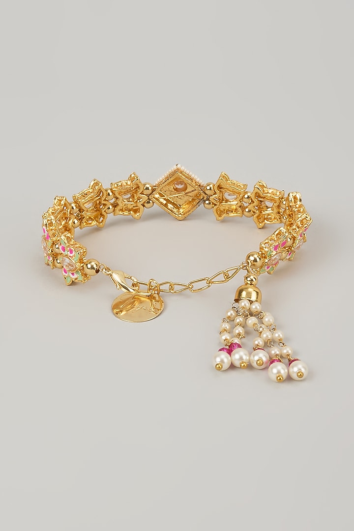 Gold Finish Kundan Polki Meenakari Hand Painted Bracelet by Nyela at Pernia's Pop Up Shop