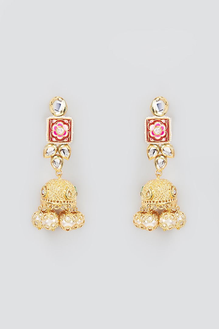 Gold Finish Kundan Polki & Pearl Meenakari Jhumka Earrings by Nyela at Pernia's Pop Up Shop