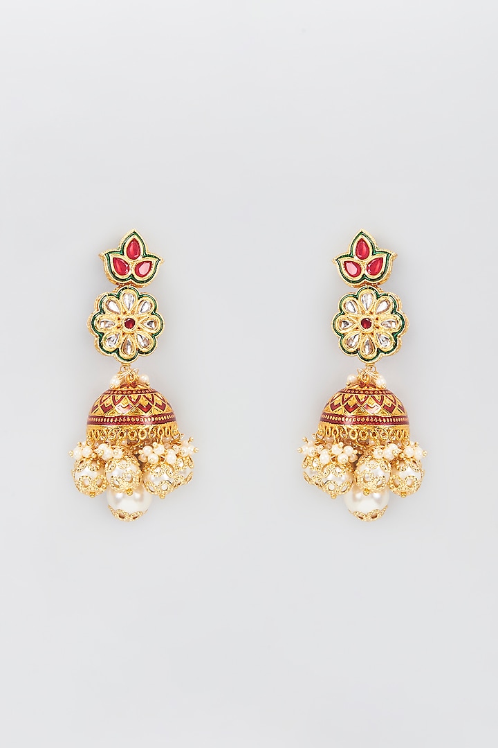 Gold Finish Kundan Polki Meenakari Jhumka Earrings by Nyela