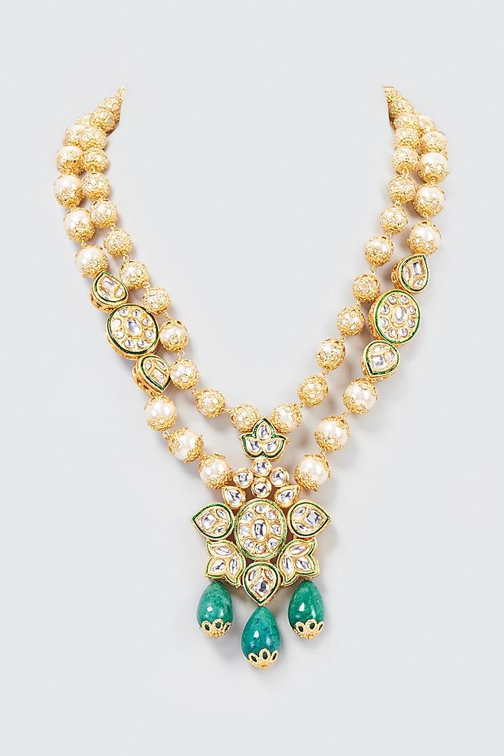 Gold Finish Kundan Polki & Pearl Necklace by Nyela