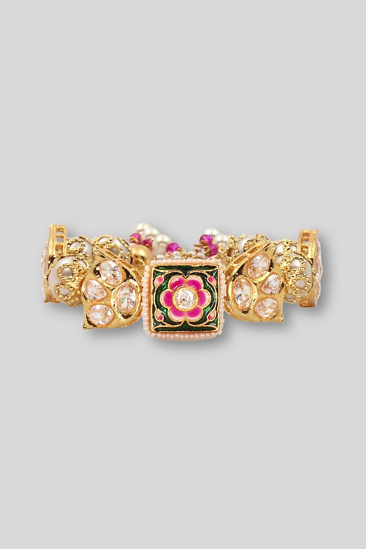 Gold Anti-Tarnish Finish American Diamond & Pearl Meenakari Openable Bracelet by Nyela at Pernia's Pop Up Shop