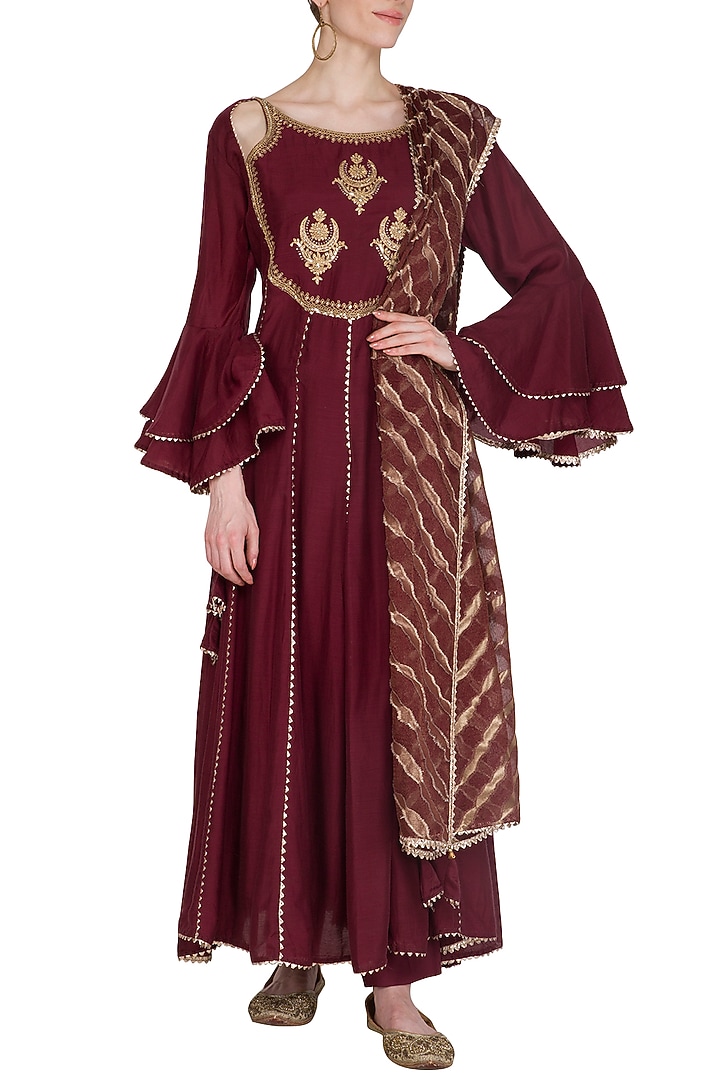 Maroon Chiffon Silk Embroidered Anarkali Set main image 1