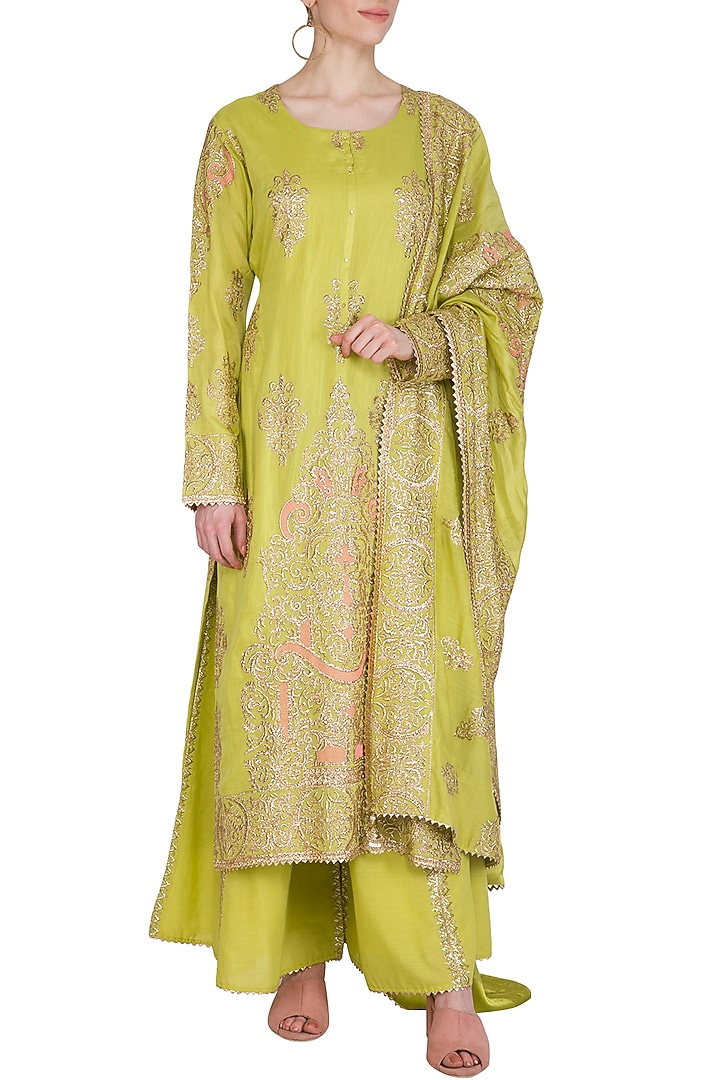 Green Embroidered Party Wear Sharara Set by Nysa & Shubhangi at Pernia's Pop Up Shop
