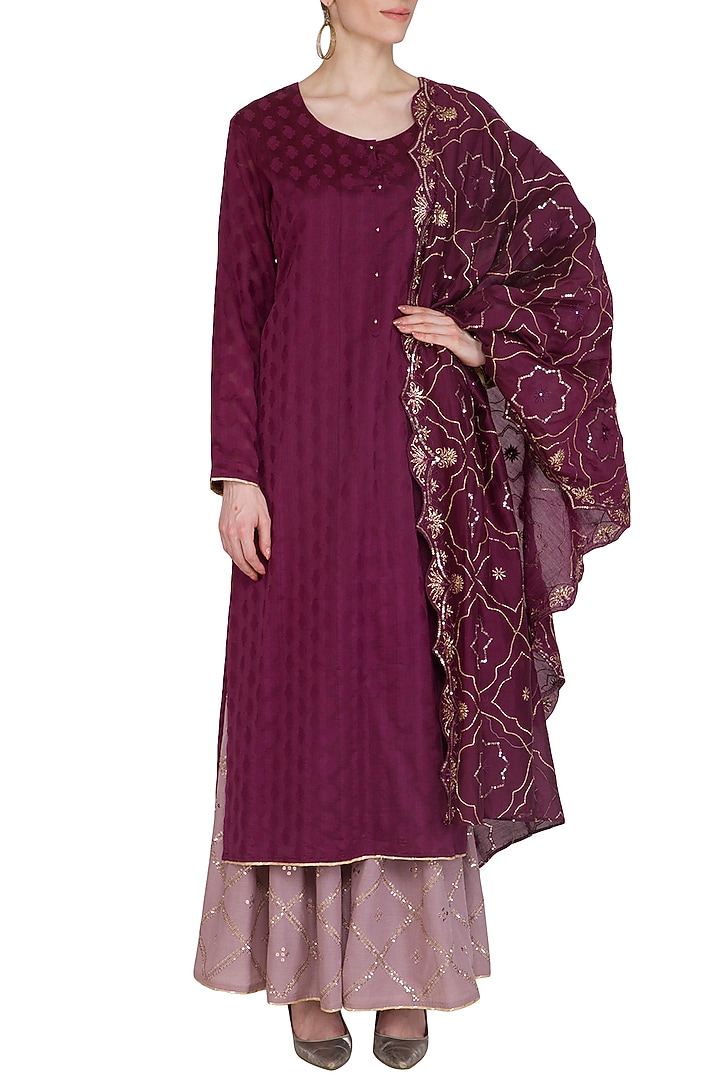 Wine Embroidered Gharara Set by Nysa & Shubhangi at Pernia's Pop Up Shop