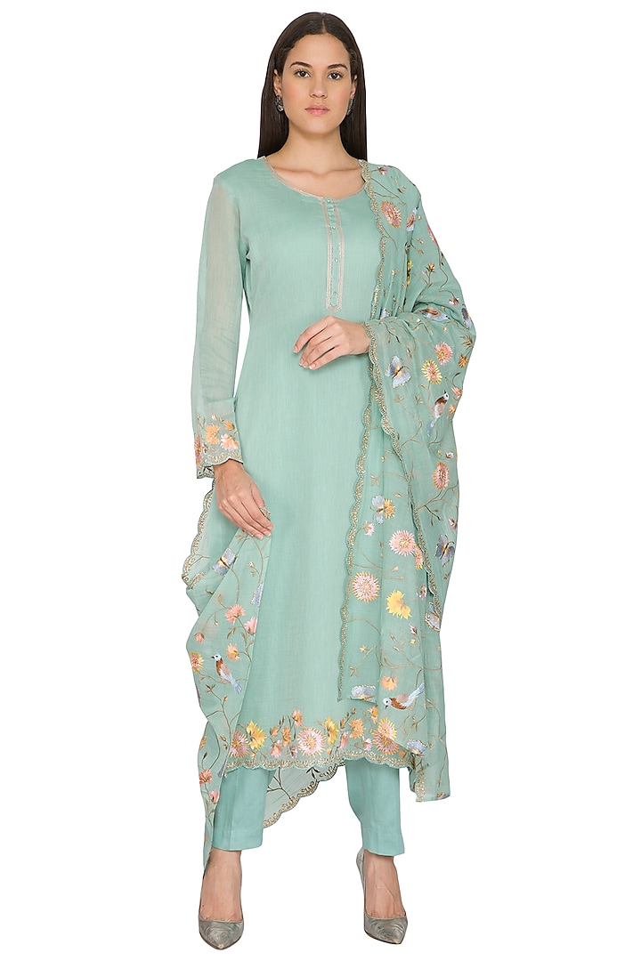 Firozi Green Embroidered Kurta Set by Nysa & Shubhangi at Pernia's Pop Up Shop