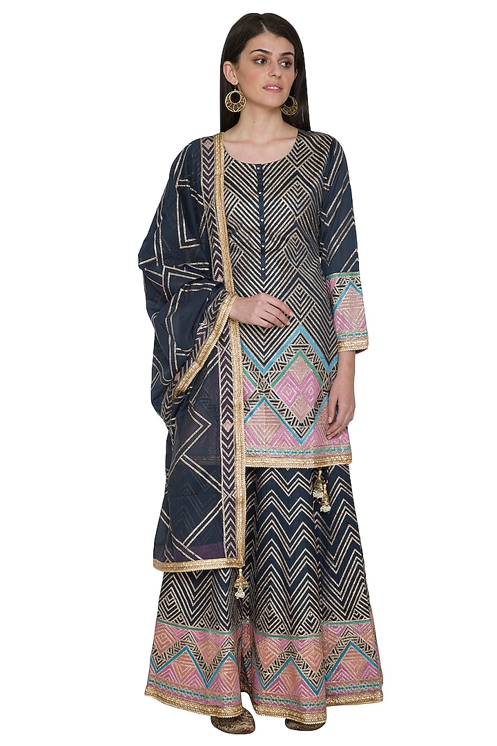 Charcoal Embroidered Kurta Skirt Set by Nysa & Shubhangi at Pernia's Pop Up Shop