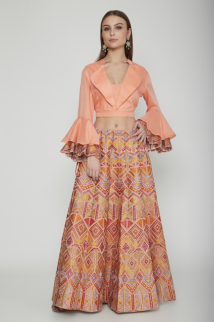Multi Colored Thread Embroidered Skirt With Crop Top by Nysa & Shubhangi