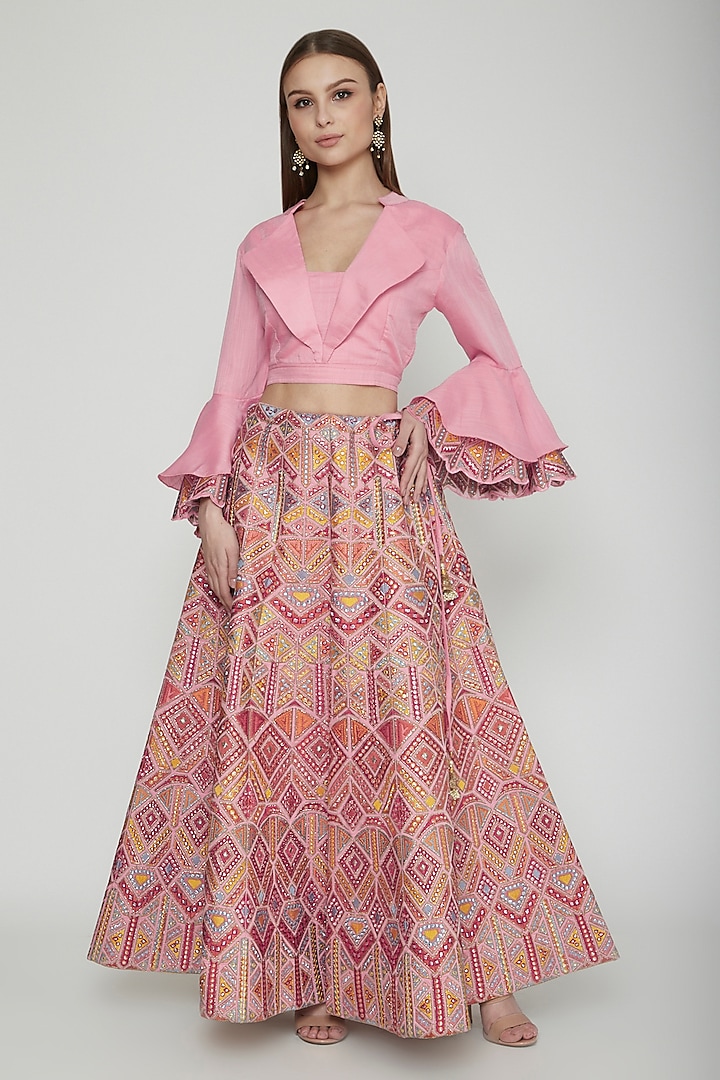 Multi Colored Thread Embroidered Skirt & Crop Top by Nysa & Shubhangi