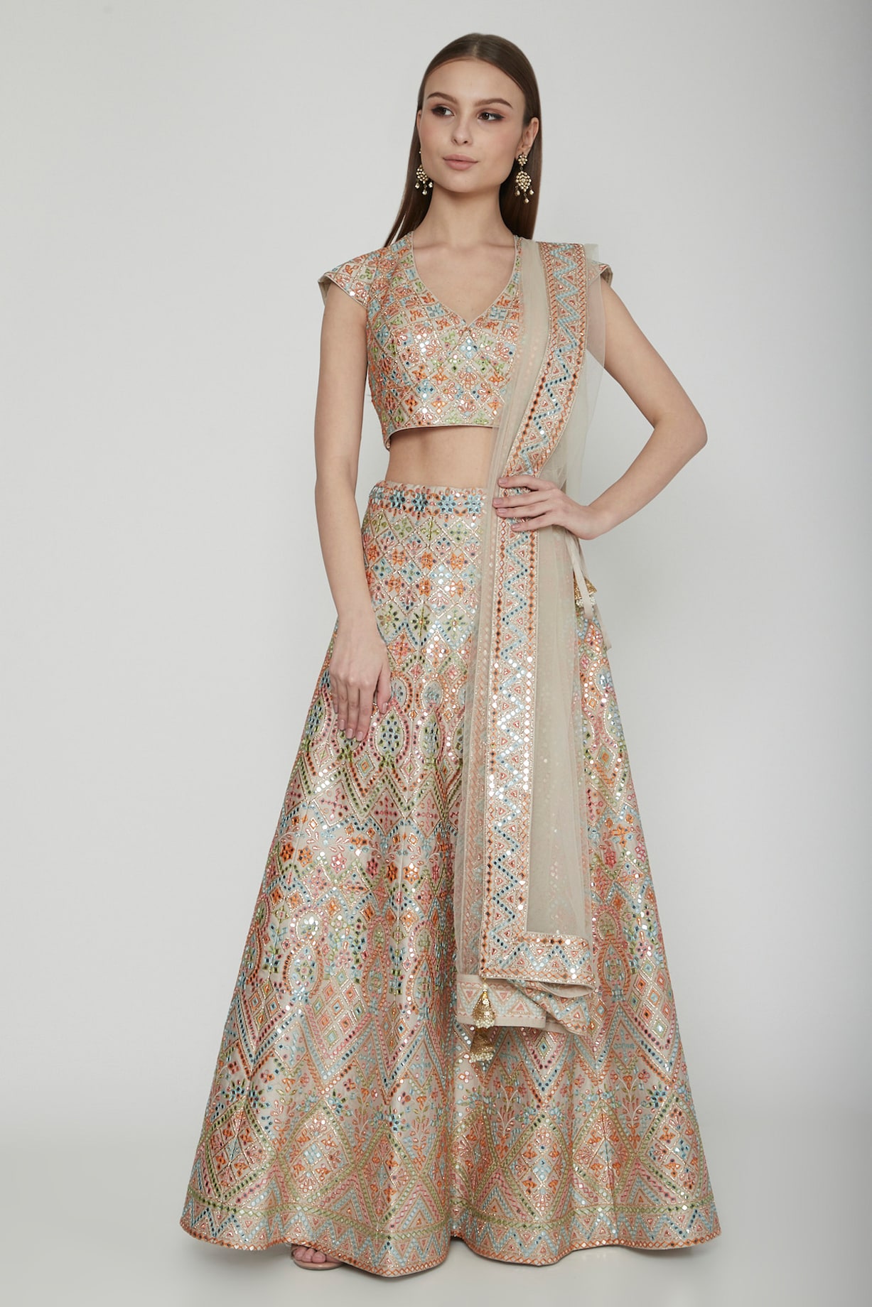 Beige Embroided Lehenga Set