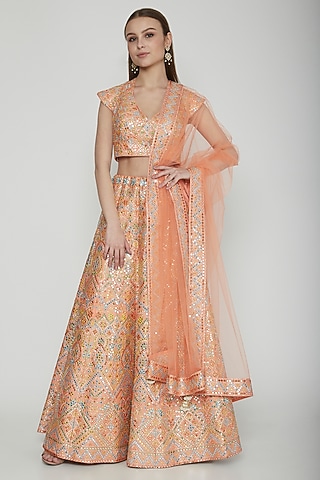 Peach Embroidered Lehenga Set by Nysa & Shubhangi