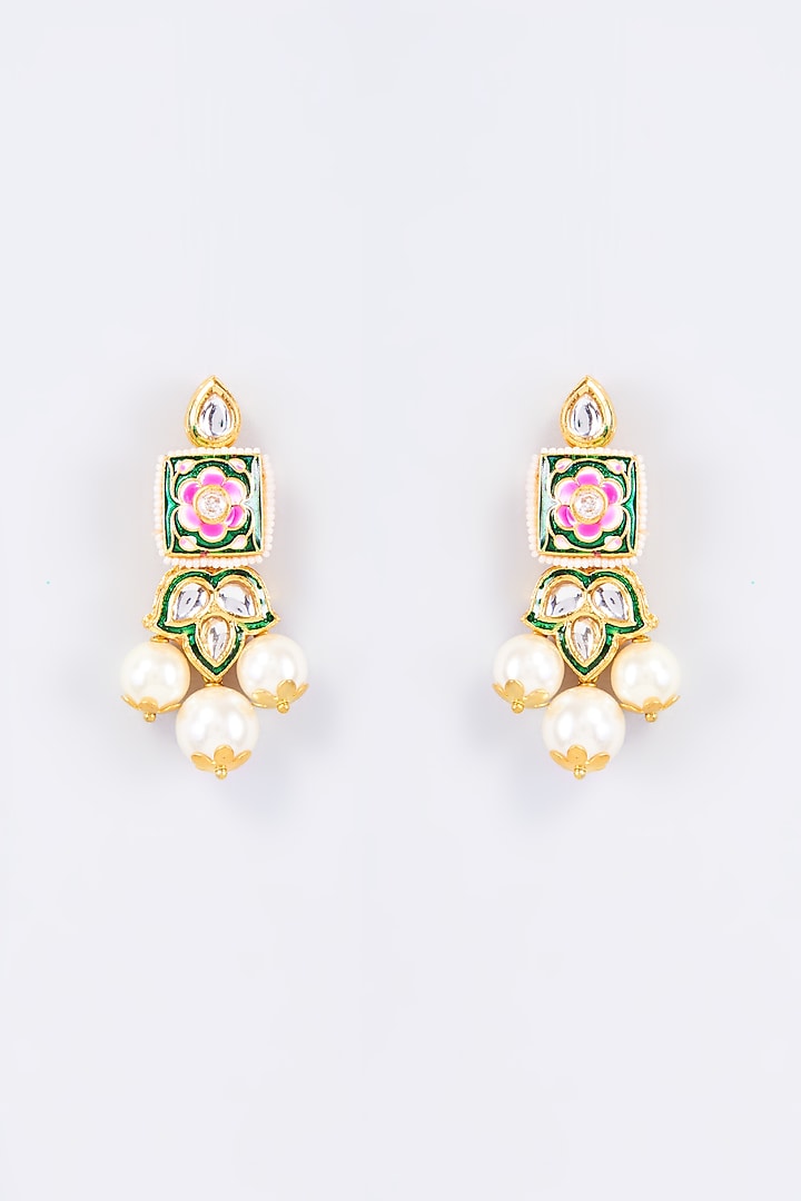 Gold Finish Meenakari Kundan Polki & Pearl Dangler Earrings by Nyela at Pernia's Pop Up Shop