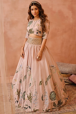 Rose Pink Crepe Printed & Embroidered Lehenga Set by Payal Singhal