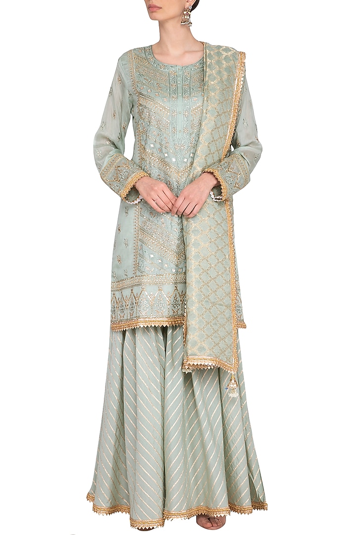 Turquoise Embroidered Party Wear Sharara Set by Nysa & Shubhangi at Pernia's Pop Up Shop