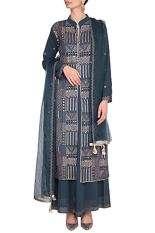 Charcoal Blue Embroidered Sharara Set by Nysa & Shubhangi