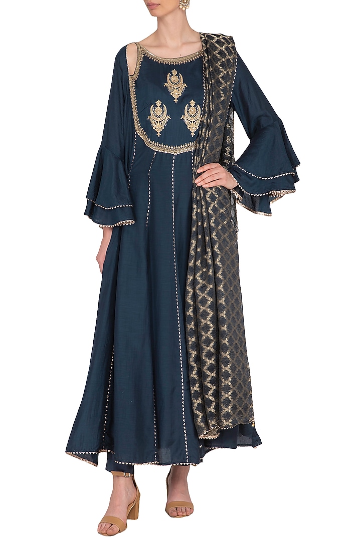 Charcoal Blue Embroidered Party Wear Anarkali Set by Nysa & Shubhangi at Pernia's Pop Up Shop
