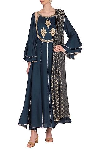 Charcoal Blue Embroidered Anarkali Set by Nysa & Shubhangi