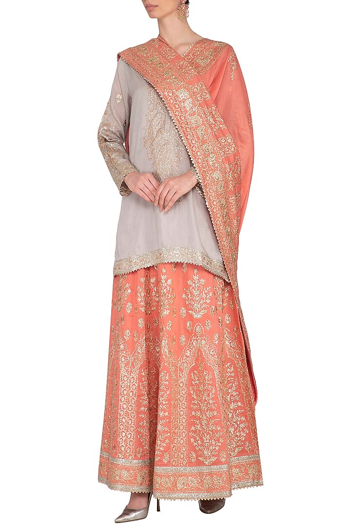 Grey & Peach Embroidered Lehenga Set by Nysa & Shubhangi at Pernia's Pop Up Shop
