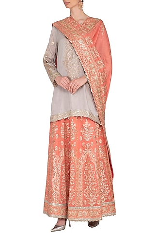 Grey & Peach Embroidered Lehenga Set by Nysa & Shubhangi