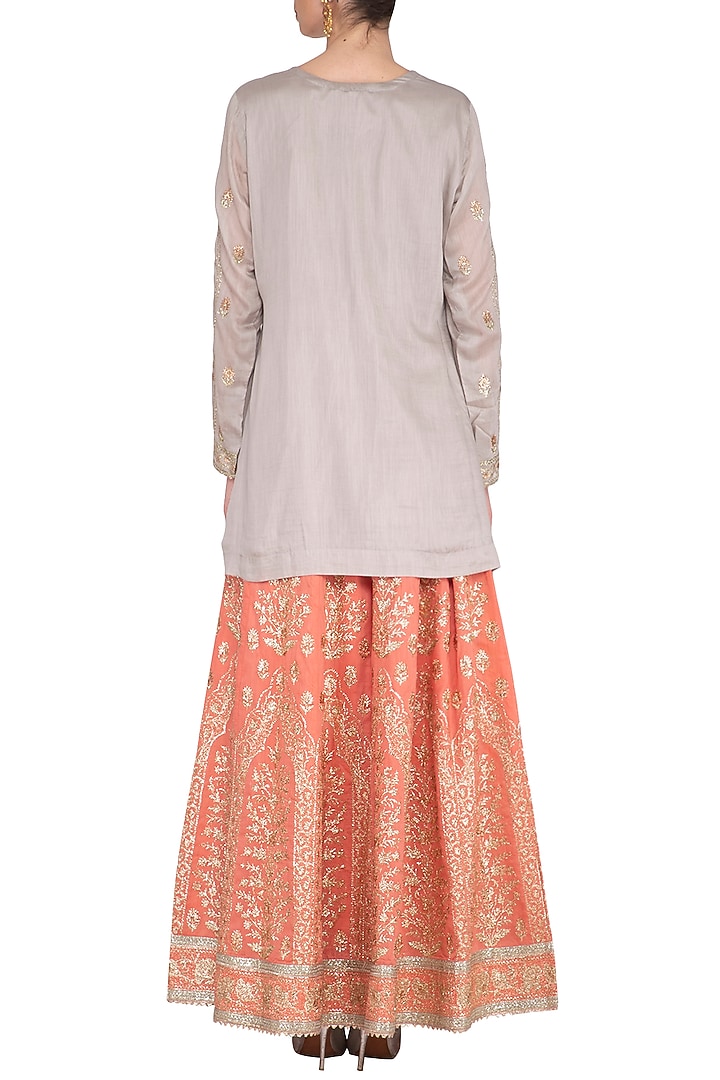 Grey & Peach Embroidered Lehenga Set by Nysa & Shubhangi at Pernia's Pop Up Shop