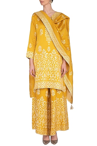 Mustard Ghicha Embroidered Sharara Set by Nysa & Shubhangi