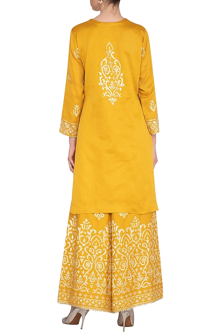 Mustard Ghicha Embroidered Party Wear Sharara Set by Nysa & Shubhangi at Pernia's Pop Up Shop