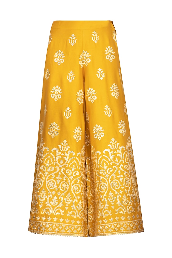 Mustard Ghicha Embroidered Party Wear Sharara Set by Nysa & Shubhangi at Pernia's Pop Up Shop