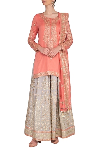 Peach & Grey Embroidered Lace Lehenga Set by Nysa & Shubhangi