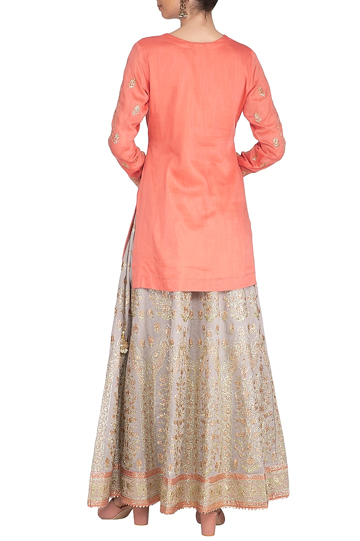 Peach & Grey Embroidered Lace Lehenga Set by Nysa & Shubhangi at Pernia's Pop Up Shop