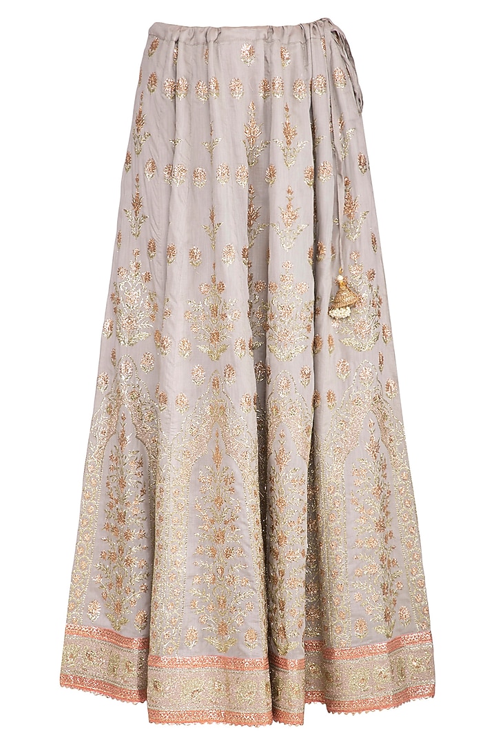 Peach & Grey Embroidered Lace Lehenga Set by Nysa & Shubhangi at Pernia's Pop Up Shop