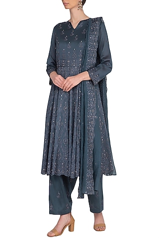 Charcoal Grey Embroidered A-Line Kurta Set by Nysa & Shubhangi