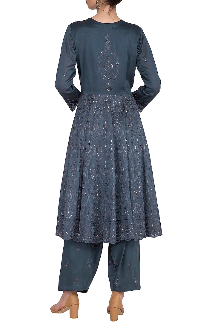 Charcoal Grey Embroidered A-Line Kurta Set by Nysa & Shubhangi at Pernia's Pop Up Shop