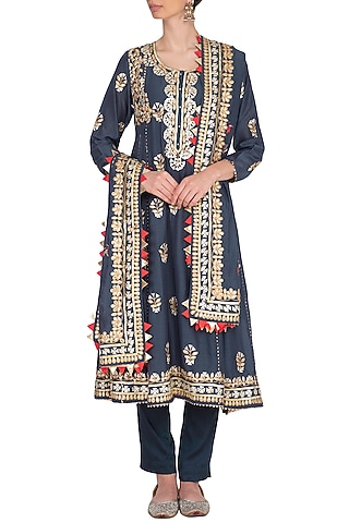 Charcoal Grey Embroidered Kurta Set by Nysa & Shubhangi