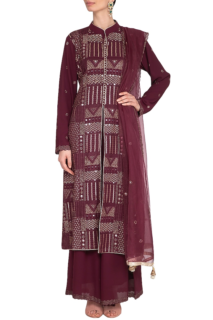 Wine Embroidered Achkan Party Wear Sharara Set by Nysa & Shubhangi at Pernia's Pop Up Shop