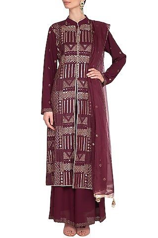 Wine Embroidered Achkan Sharara Set by Nysa & Shubhangi