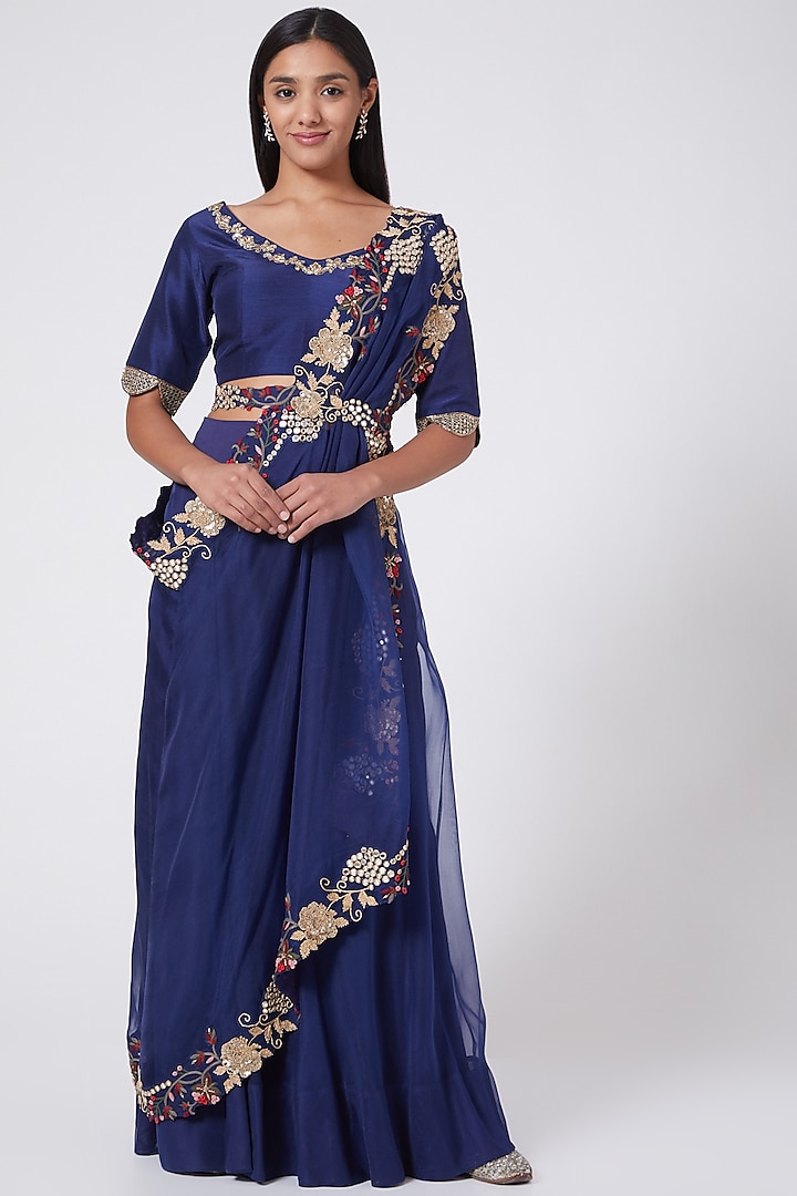 Blue Hand Embroidered Palazzo Pant Set With Drape by Ose By Jyoti Gupta