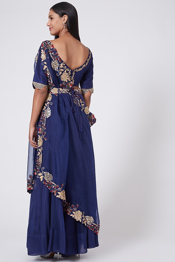 Blue Hand Embroidered Palazzo Pant Set With Drape by Ose By Jyoti Gupta at Pernia's Pop Up Shop