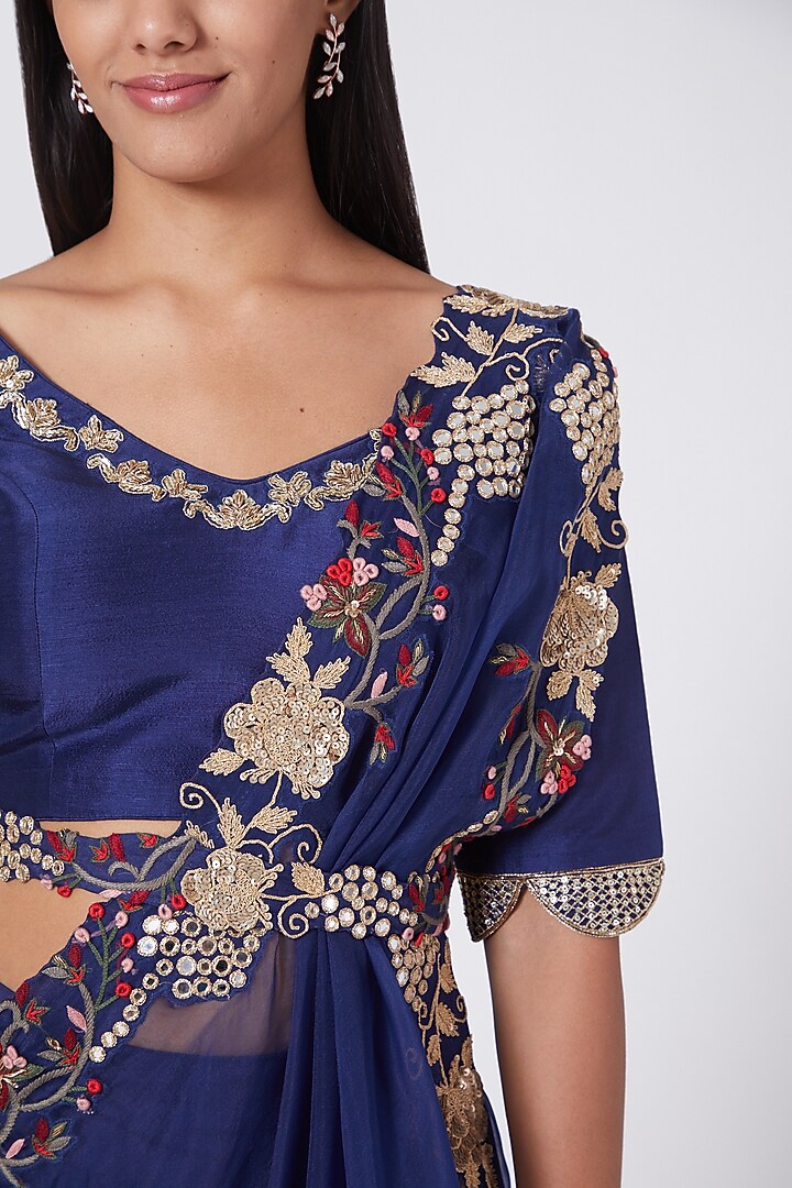 Blue Hand Embroidered Palazzo Pant Set With Drape by Ose By Jyoti Gupta at Pernia's Pop Up Shop
