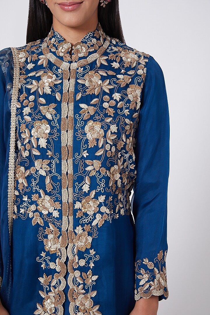 Blue Hand Embroidered Palazzo Pant Set by Ose By Jyoti Gupta at Pernia's Pop Up Shop